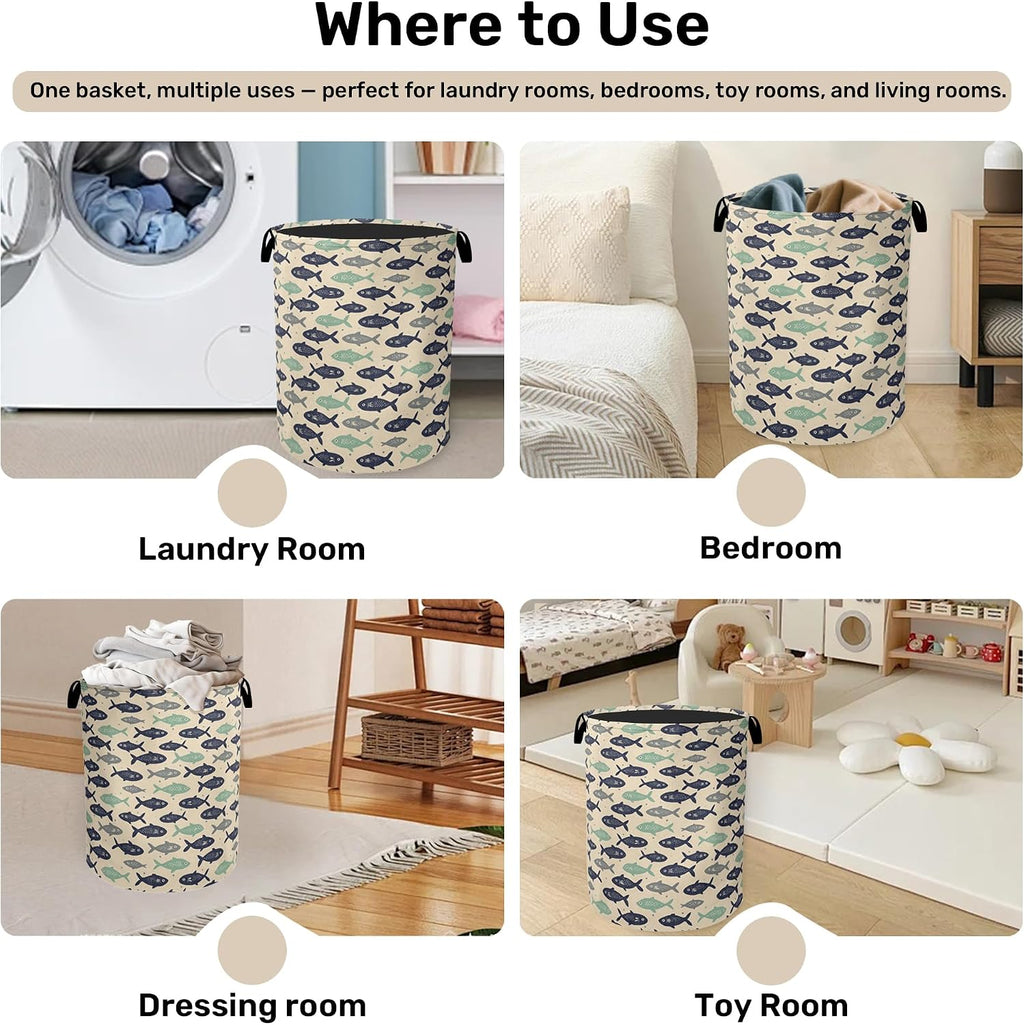 Cute Japanese-Style Fish Foldable Laundry Hamper - Waterproof Fabric Storage Basket with Handles, Clothes Hampers for Laundry,Bedroom,Dorm