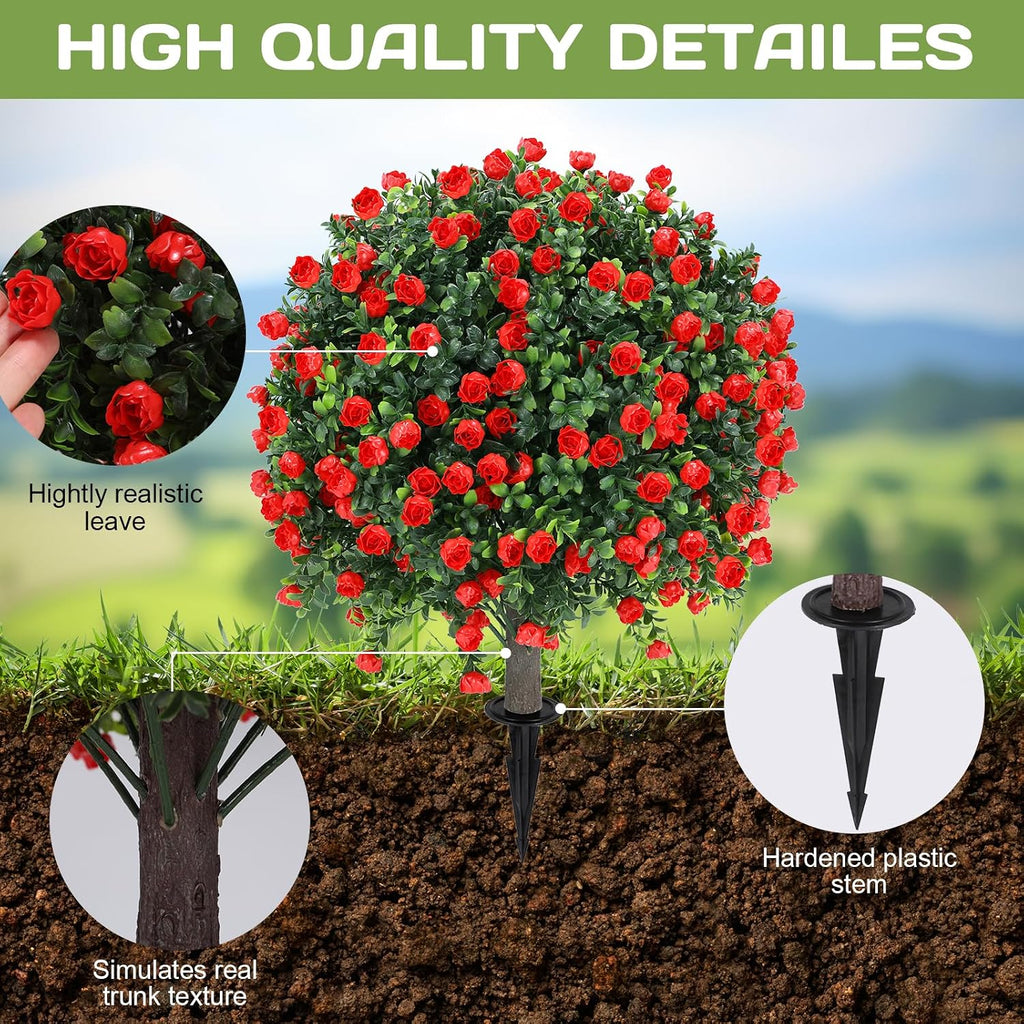 Set of 2 Artificial Red Rose Topiary Ball Tree,25" with Ground Spike