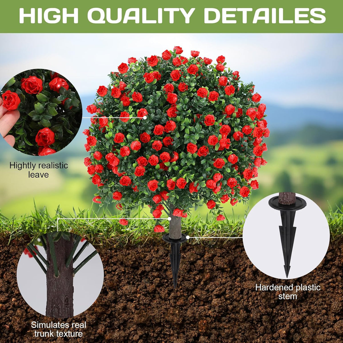 Set of 2 Artificial Red Rose Topiary Ball Tree,25" with Ground Spike