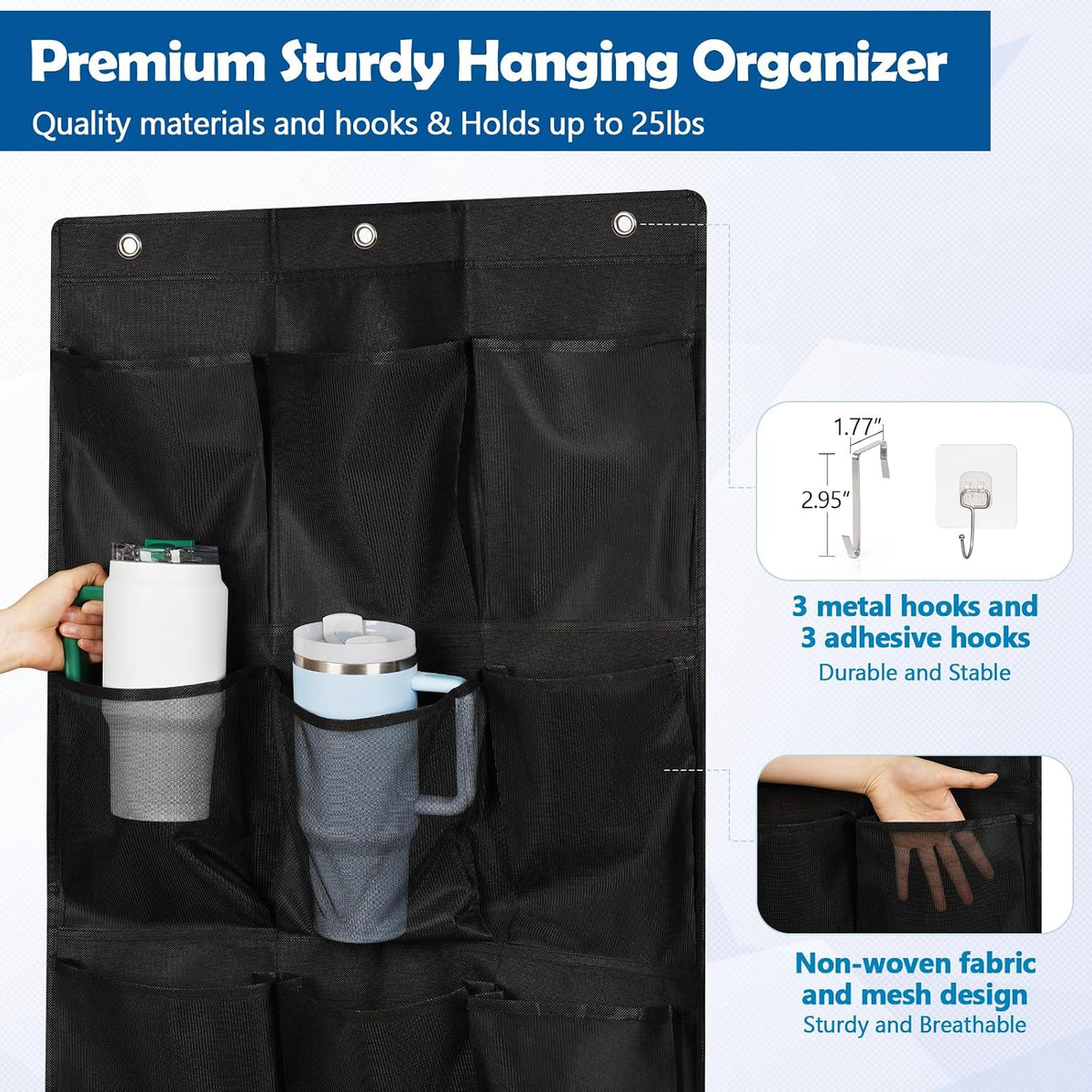 Over The Door Cruise Ship Organizer with 15 Size-Graded Pockets Black