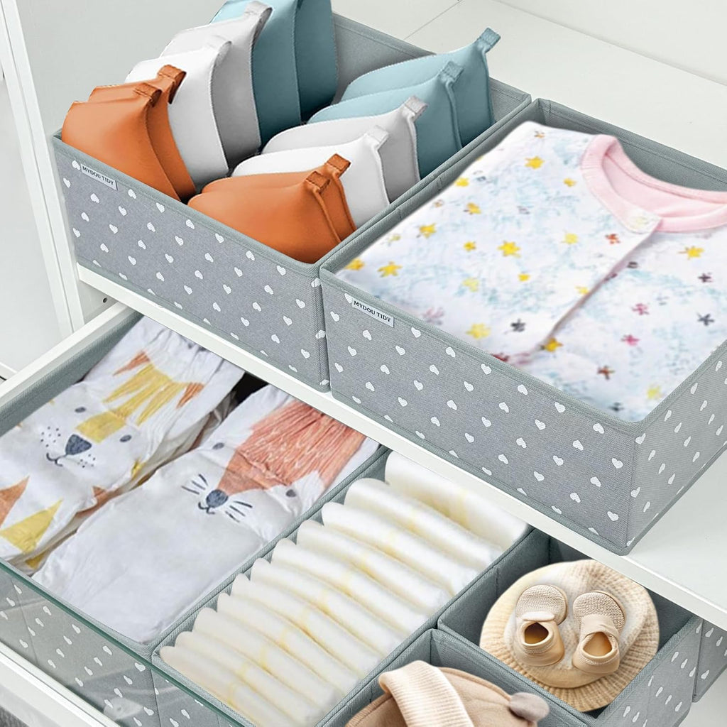 12 Pack Baby Clothes Organizer for Nursery Drawer - Foldable Fabric Dresser Dividers & Storage Bins for Diapers, Onesies, Accessories - Mydou Tidy Grey Heart Decorative Organizers