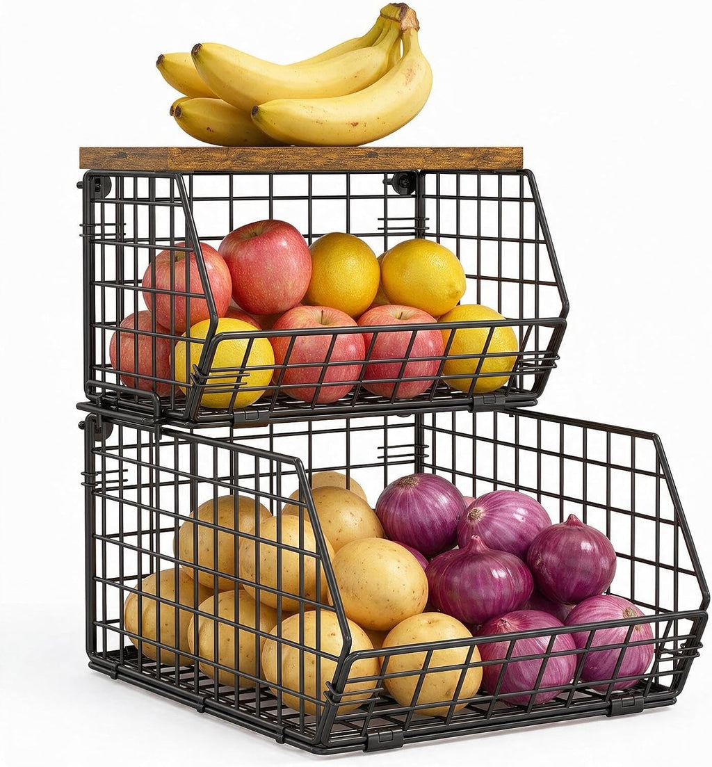 Potato and Onion Storage Bin with Wooden Top, 2-Tier Stackable Wire Basket