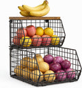 Potato and Onion Storage Bin with Wooden Top, 2-Tier Stackable Wire Basket