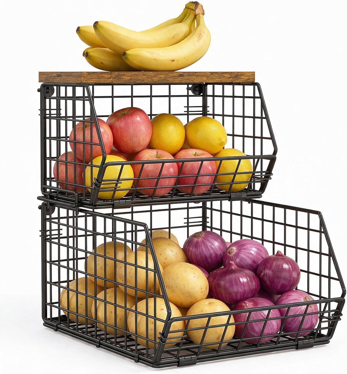 Potato and Onion Storage Bin with Wooden Top, 2-Tier Stackable Wire Basket