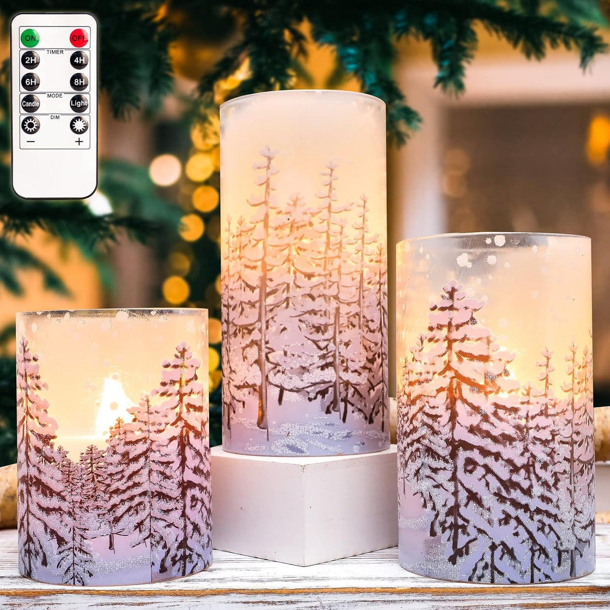 Christmas Tree Flameless Candles with Remote Control & Timer Function, Real Wax Glass Candles, Home Party Wedding Holiday Xmas Decor, Set of 3