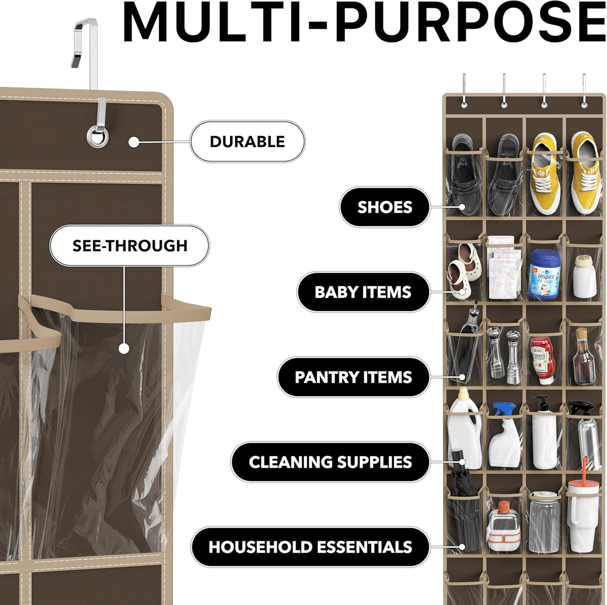 Simple Houseware 24 Pockets Clear Over the Door Shoe Organizer, Brown