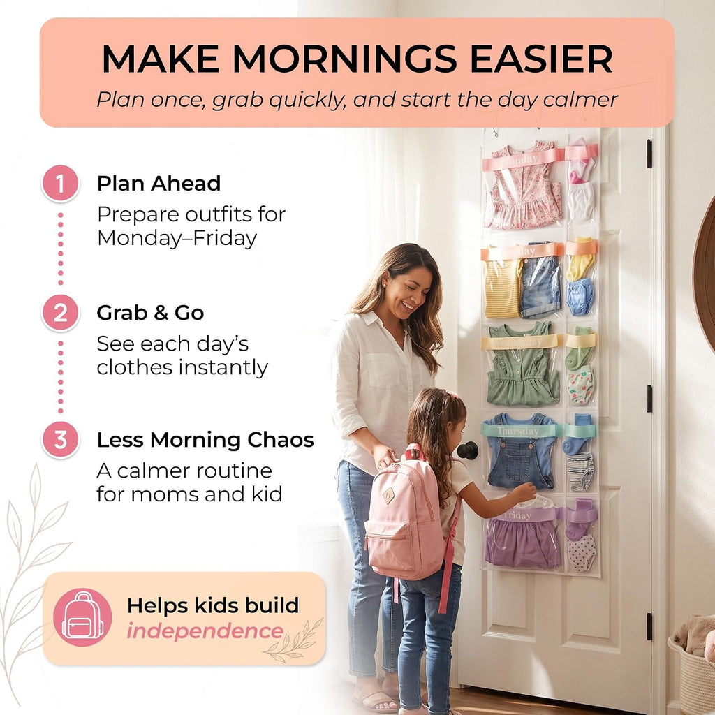 Over the Door Weekly Clothes Organizer for Kids, Days of the Week (Rainbow)