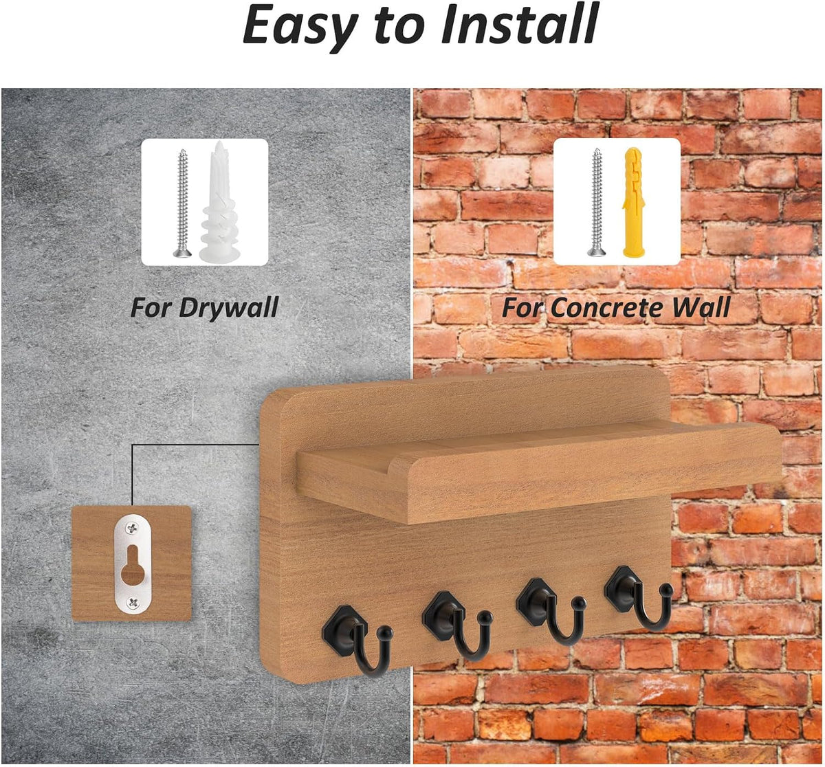 Nekon Key Holder Wall Mount, 8.5 Inch Small Wooden Wall Organizer, Wood