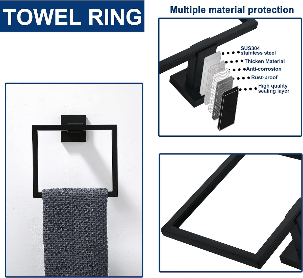 5 Pieces Bathroom Hardware Accessories Set Matte Black, 16Inch Square Towel Racks Set for Bathroom, SUS304 Stainless Steel Towel Bar Set, Toilet Paper Holder with Shelf Wall Mounted