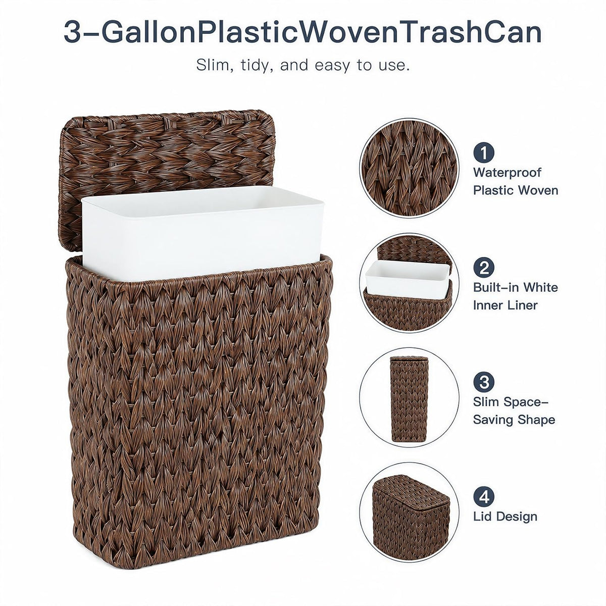 Wicker Trash Can with Lid & Liner, Small Bathroom Waste Basket, Brown