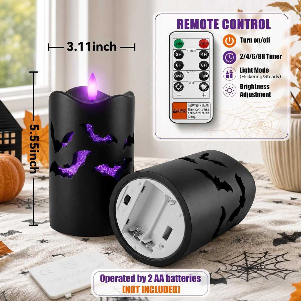 Halloween Flameless Pillar Candles with Bat Cutouts, Remote Control, 2 Pack