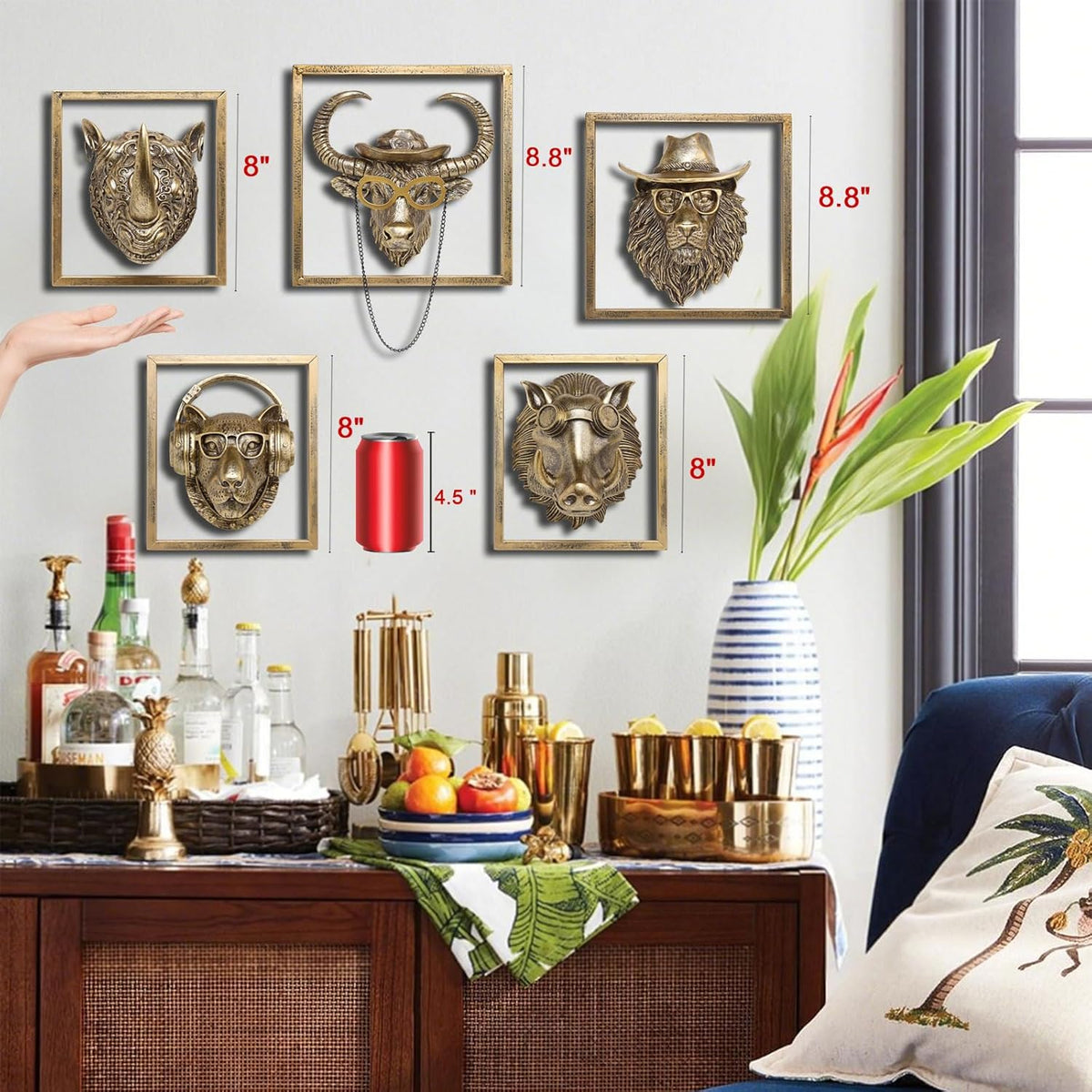 JJALIGHTS Exquisite Resin Animal Head Wall Sculpture (Gift Metal Frame) - Imitation Copper Vintage Decor for Living Room, Bedroom & Office | Decorative Wall Hanging Art (Lion)