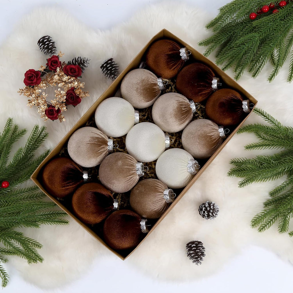 IPOPU 3.15in 15Pcs Brown Velvet Christmas Ornament Balls for Festival