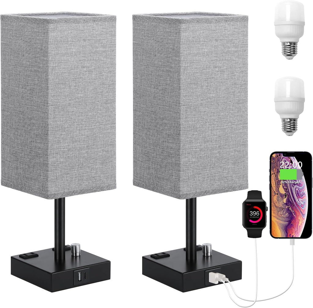 Grey Bedside Table Lamps Set of 2 - Dimmable, USB C+A, 2 AC Outlets