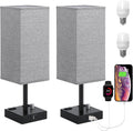 Grey Bedside Table Lamps Set of 2 - Dimmable, USB C+A, 2 AC Outlets