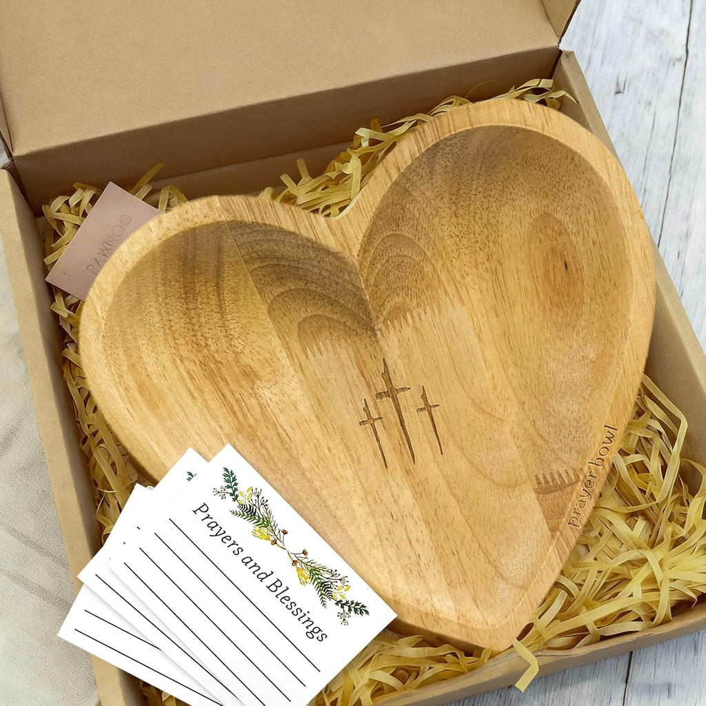 Prayer Bowl with 24 Cards, Heart Shaped Prayer Bowl Wooden