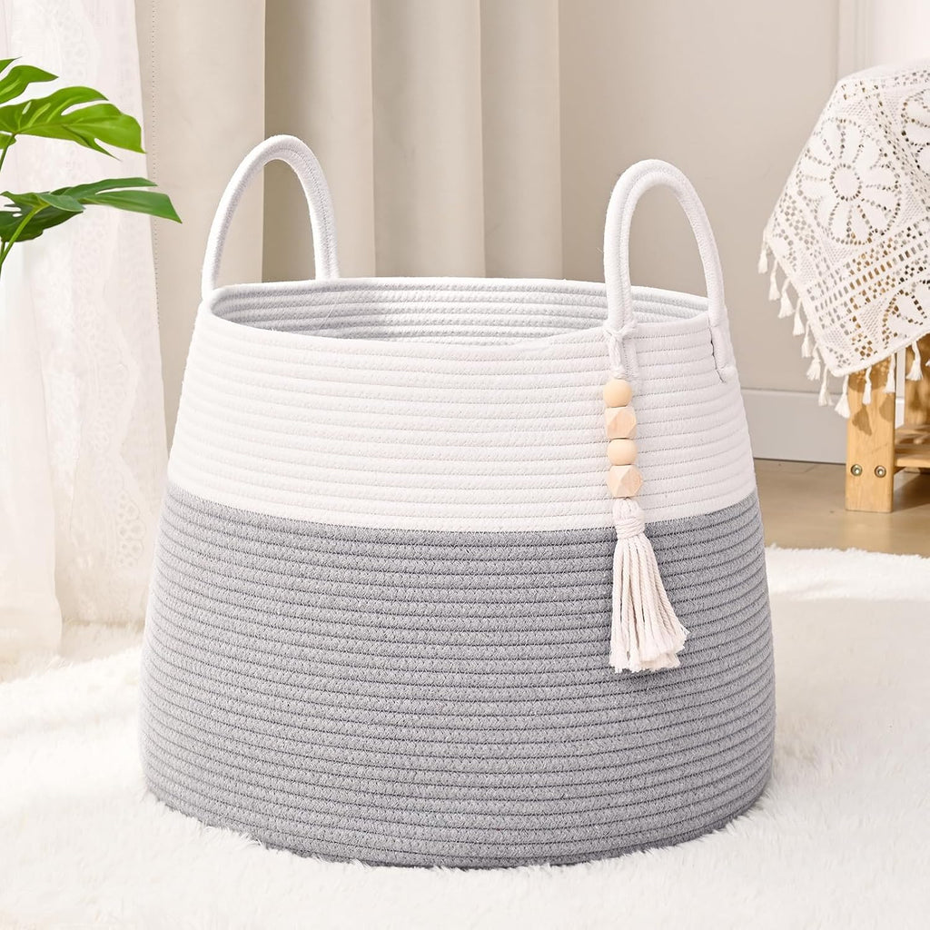 Large Nursery Hamper, 60L Blanket Basket with Handle, Baby Laundry Basket for Gift, Toy, Clothes, Woven Storage Basket with Wooden Bead Decor, Baby Hamper for Nursery (Grey)
