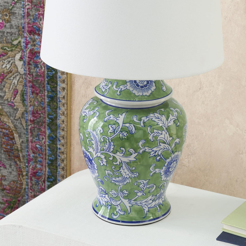 Nourison Home 24" Green & Blue Floral Ginger-Jar Ceramic Traditional Table Lamp for Living Room, Bedroom, Dining Room, Reading