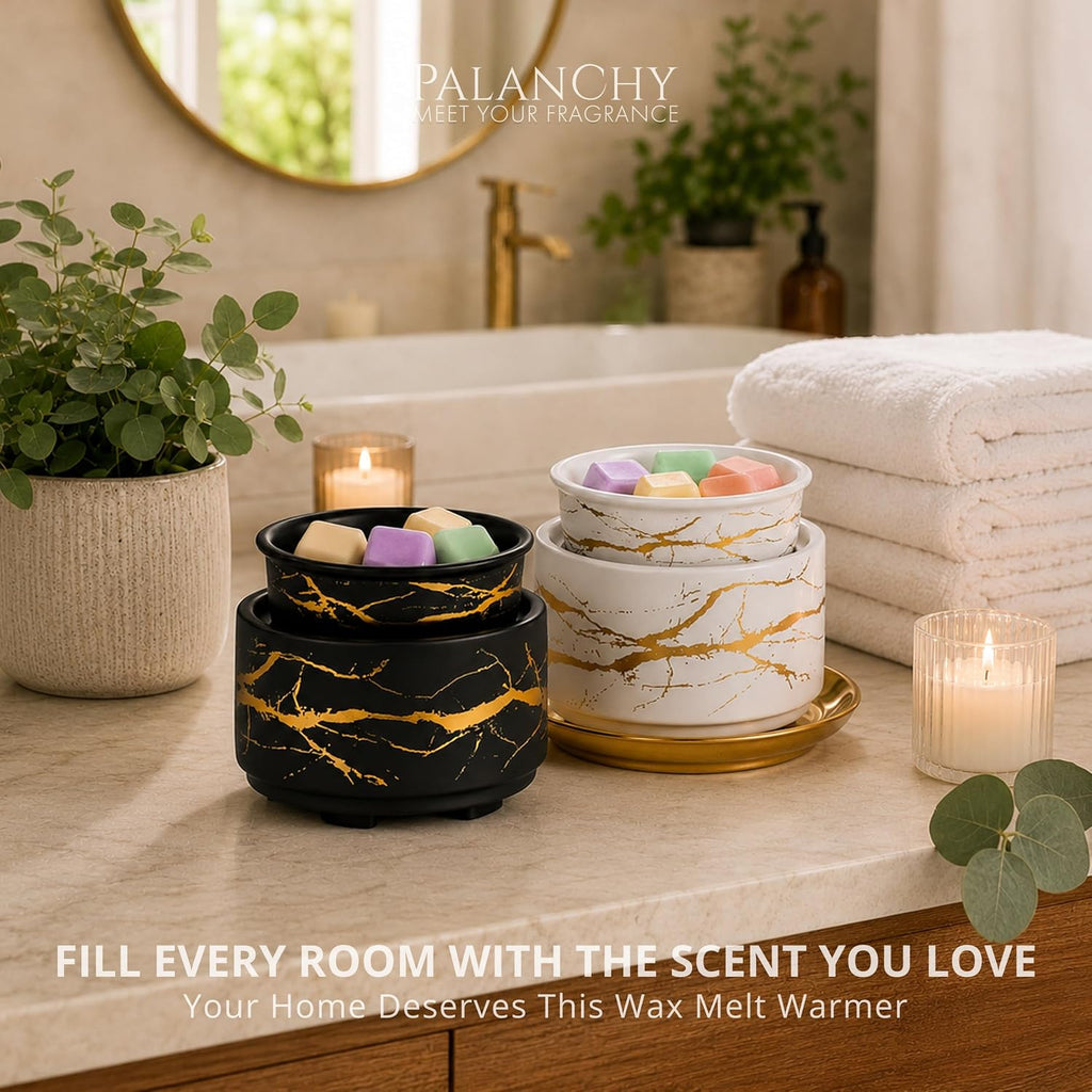PALANCHY Wax Warmer Set of 2 Black & White Glazed Ceramic with Gold Accents