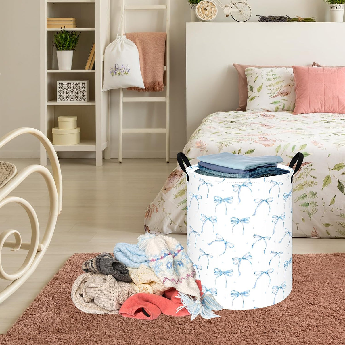 Blue Bow Laundry Hamper for Girls Room, Foldable Toy Storage Basket