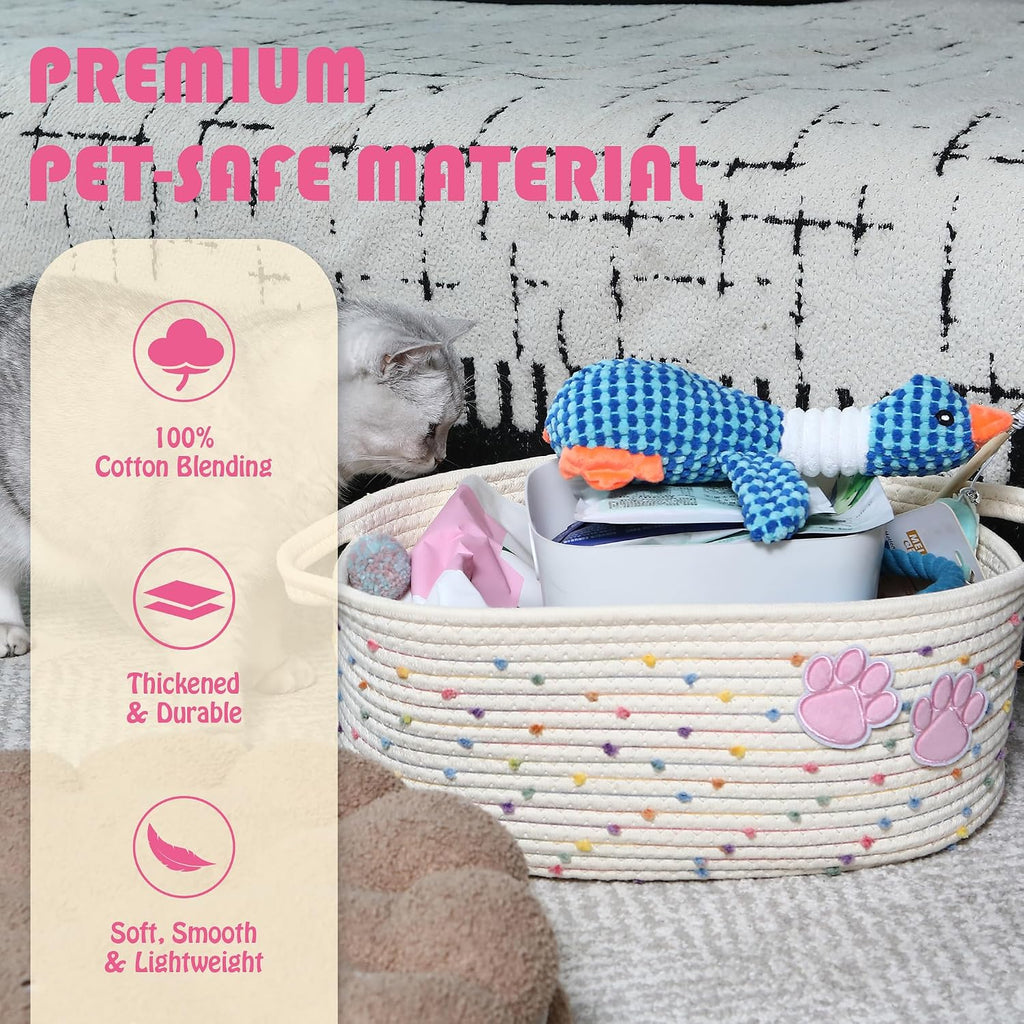 Sea Team Pet Toy Basket with Handles for Cats and Dogs, Rainbow Paw