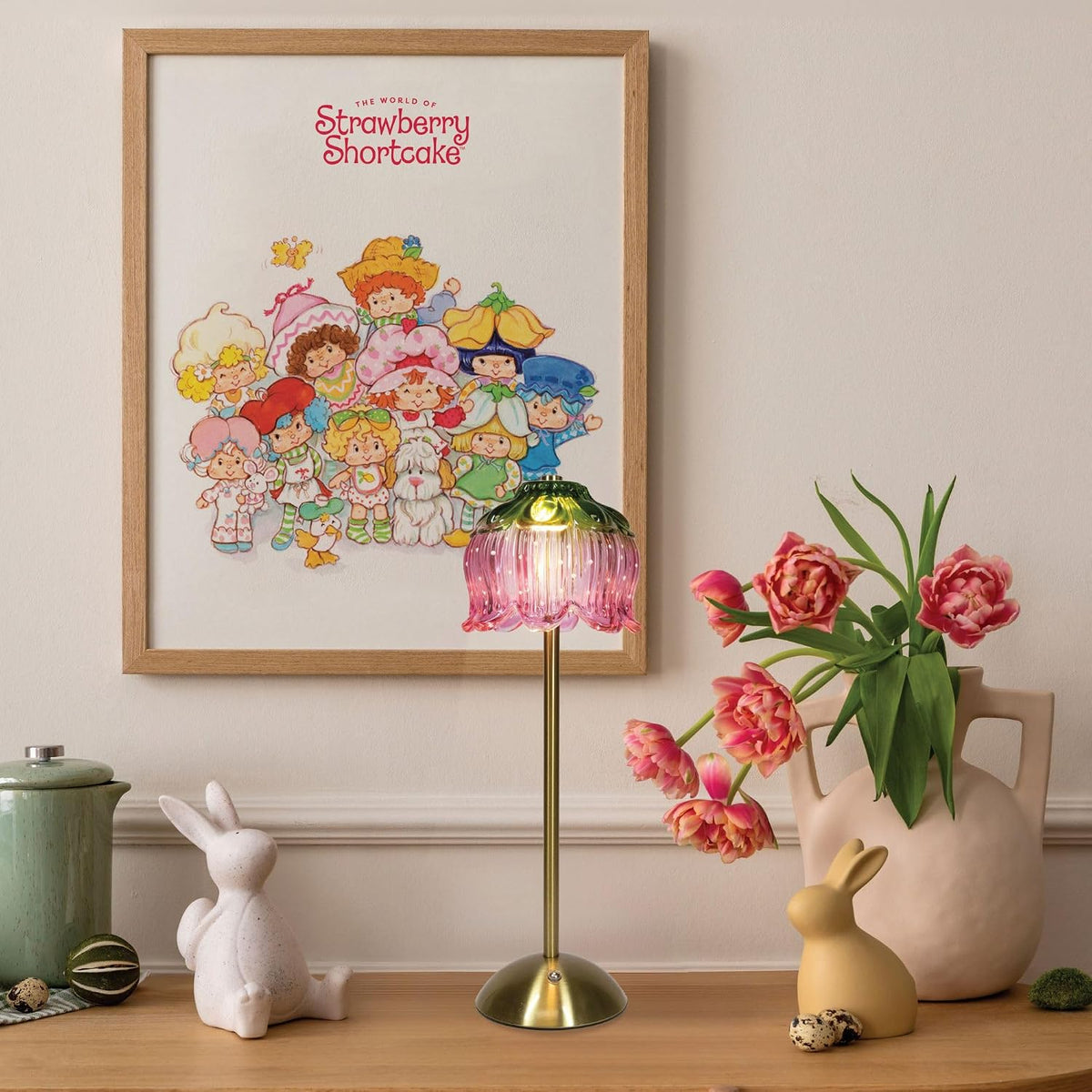 Strawberry Shortcake Touch Lamp- Pink Glass Strawberry Shade, USB-C Rechargeable, 3 Dimmable Light Temperatures, LED Desk Lamp, Brush Brass Base & Pole, Cute Décor for Girls' Bedroom (Pink)