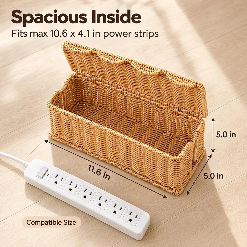 Plastic Rattan Cable Management Box Handmade,Scalloped Cord Hide Basket