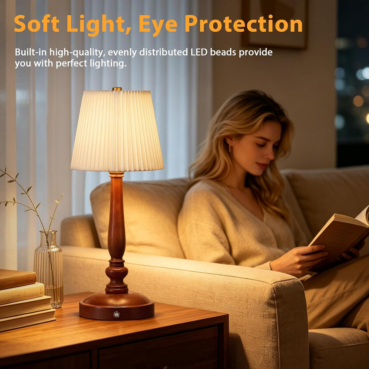 15.5'' Cordless Table Lamp, 5400mAh Rechargeable Small Bedside Lamp, White