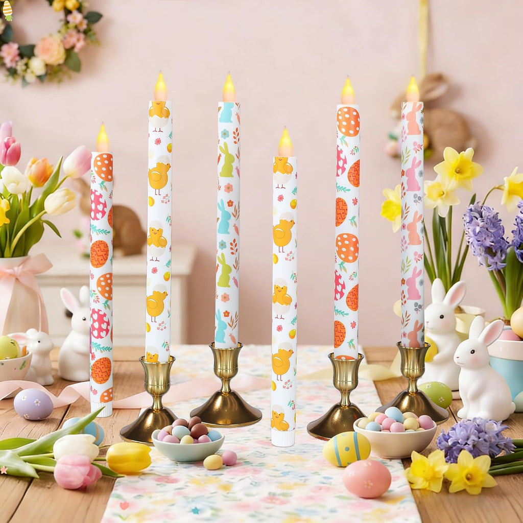 6Pcs Easter Taper Candles – 10.6" Battery Operated Flameless LED Candles with Bunny, Chick & Egg Patterns, Flickering Flame, Safe Spring Decor for Table Centerpiece, Party & Home Decor