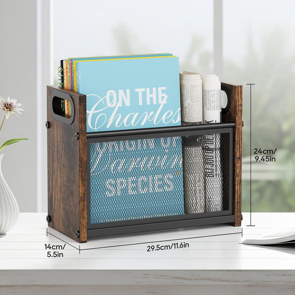 Rustic Magazine Holder, Wood Magazine Rack Floor, Magazine Storage Basket, Mesh Magazine File Holder, Magazine Holders for Shelves，Magazine Stand for Desk, Folder Organizer Bin for Magazines