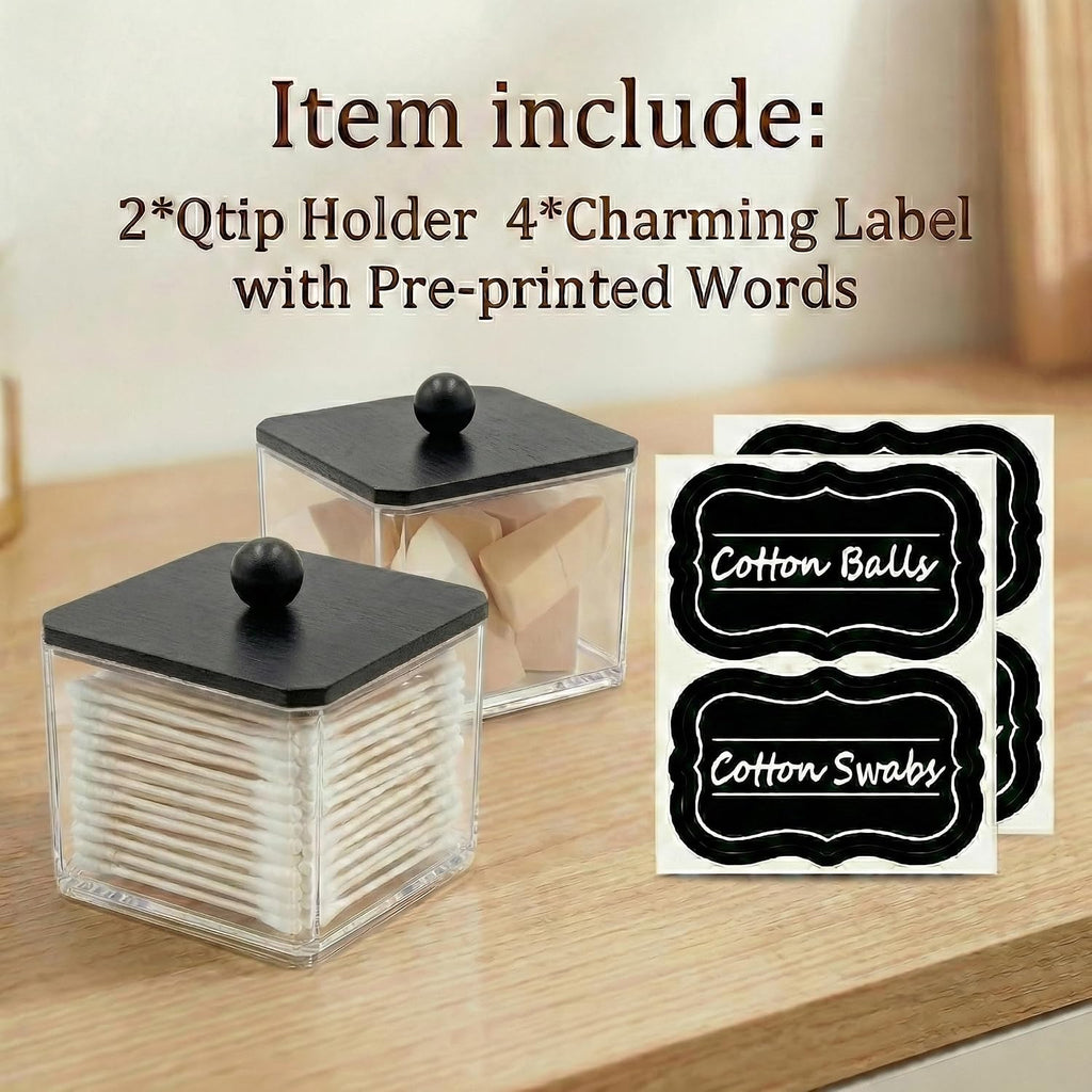 SheeChung 2 Pack Square Acrylic Qtip Holder with Black Wood Lid