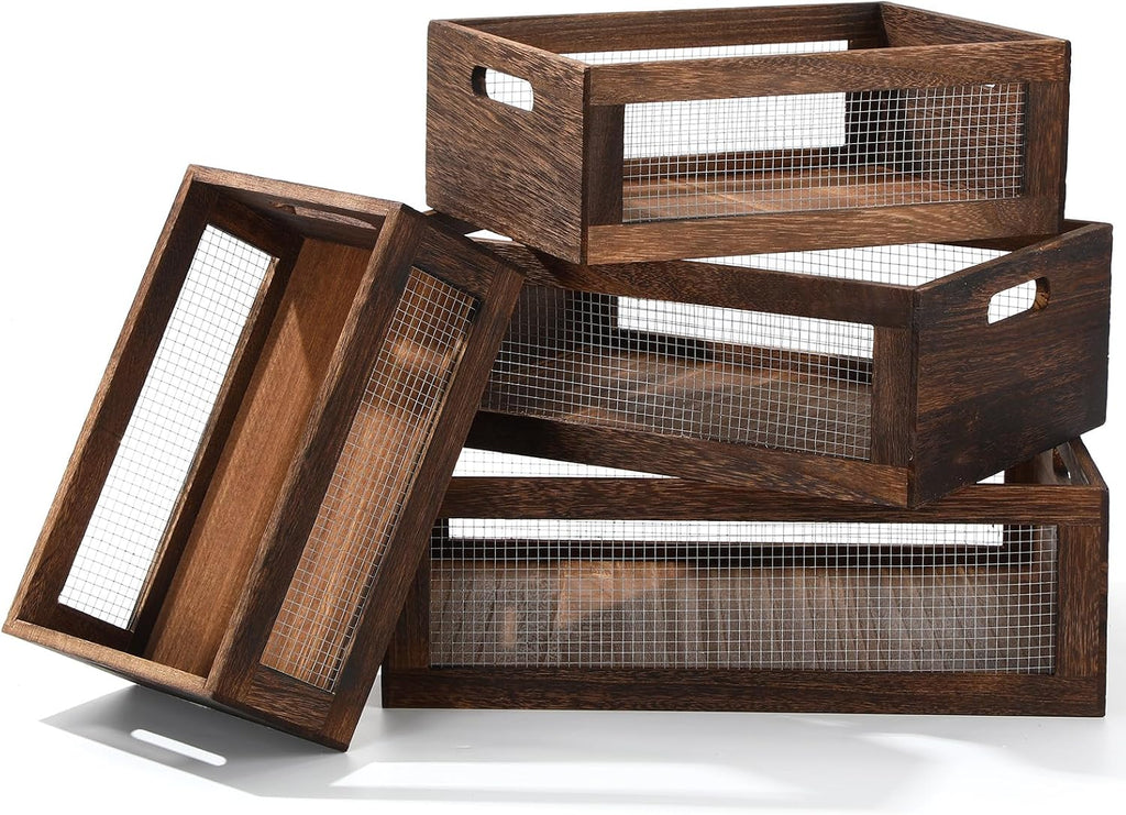 FillTouch 4 Pcs Wooden Nesting Countertop Baskets, Dark Brown, Large