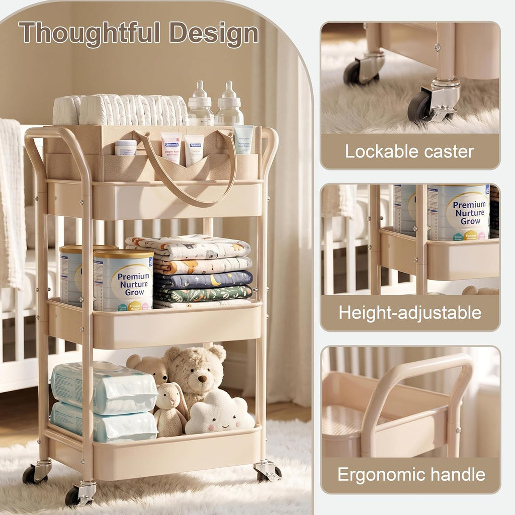 Beige 3 Tier Rolling Diaper Caddy Cart with Wheels and Detachable Dividers