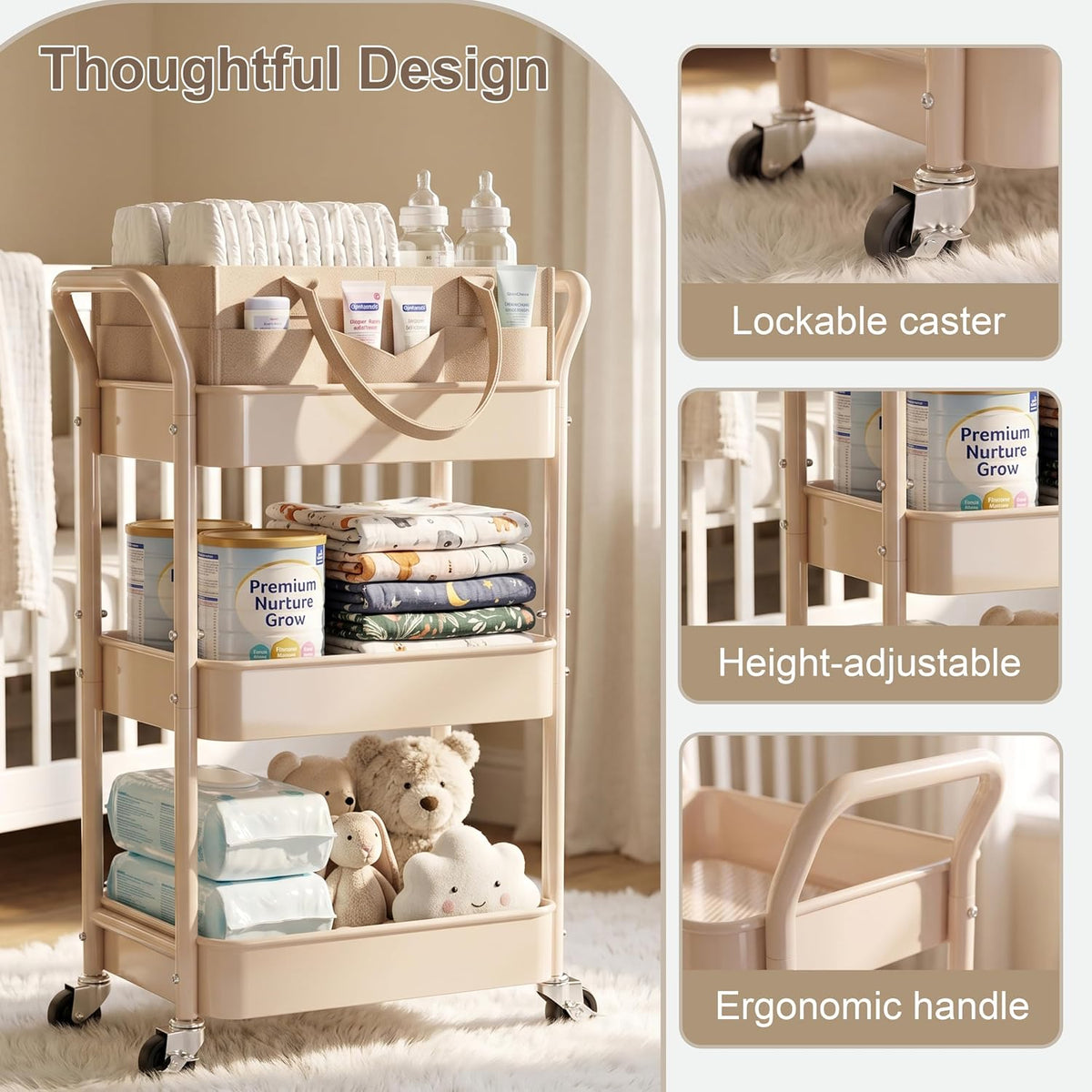 Beige 3 Tier Rolling Diaper Caddy Cart with Wheels and Detachable Dividers