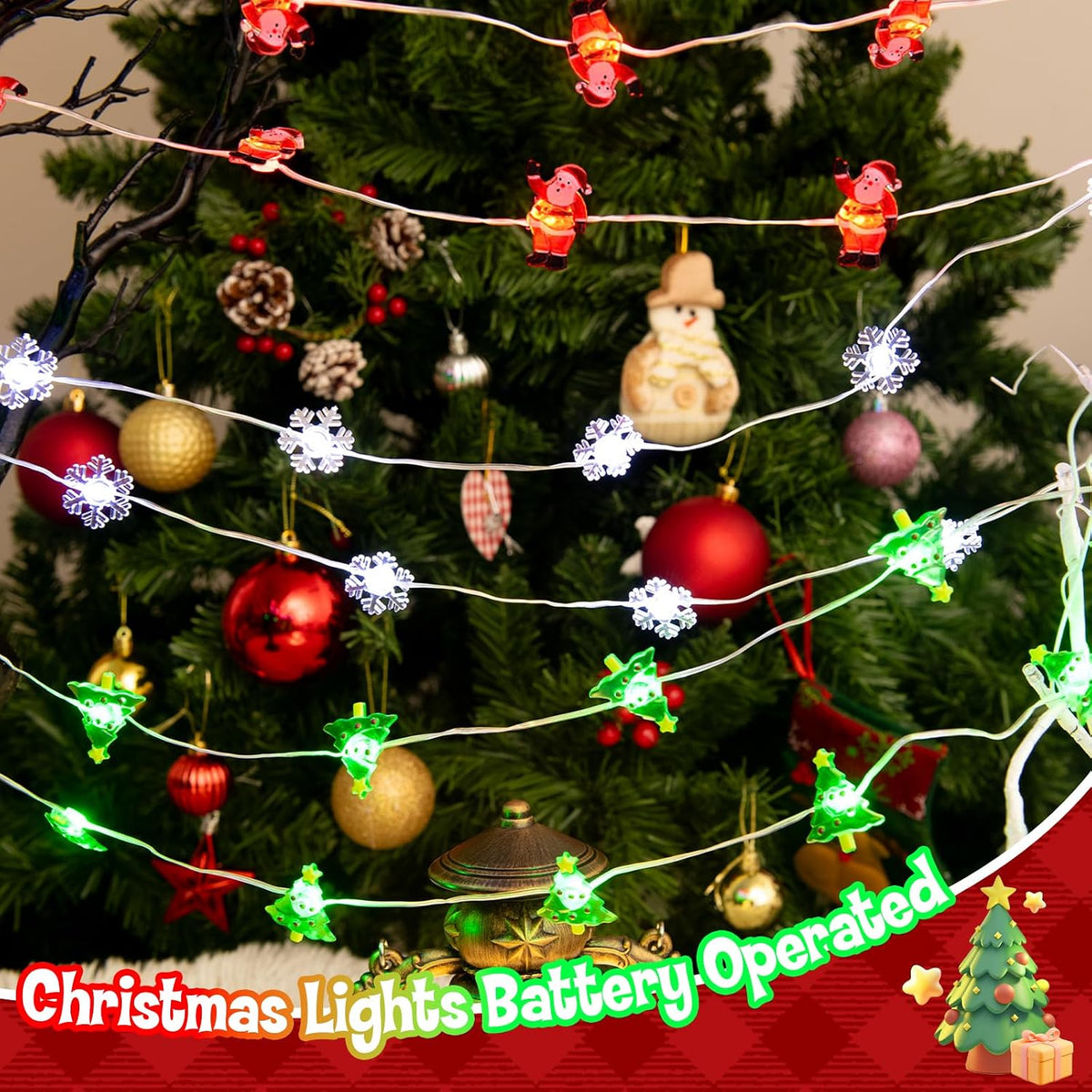cshare Christmas String Lights, Christmas Tree Santa Claus Snowflake Lights with Timer Twinkling Indoor Battery Operated 9.8ft 30LED Christmas Decorations for Home Decor Indoor Party Holiday 3 Packs