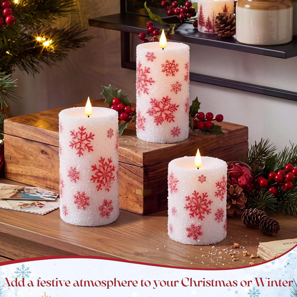 Retisee 3 Pcs Christmas Snowflake Flameless Candles 4" 5" 6"