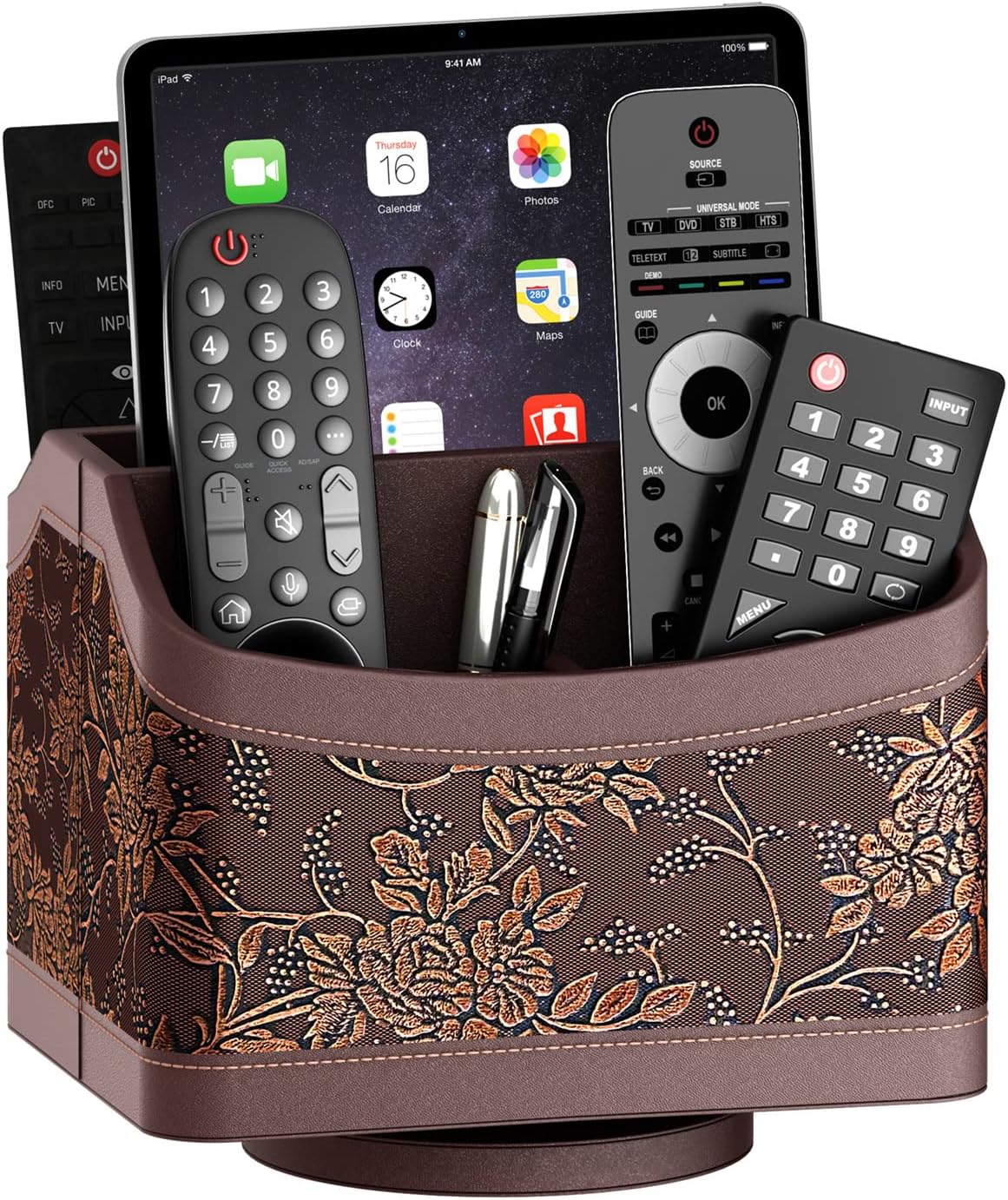 Remote Control Holder for Table, Leather Turntable/Organizer/Caddy for Holding TV Controllers, Phone, and Office Supplies, Perfect Space Saver for End Table/Nightstand/Office Desk(Retro)