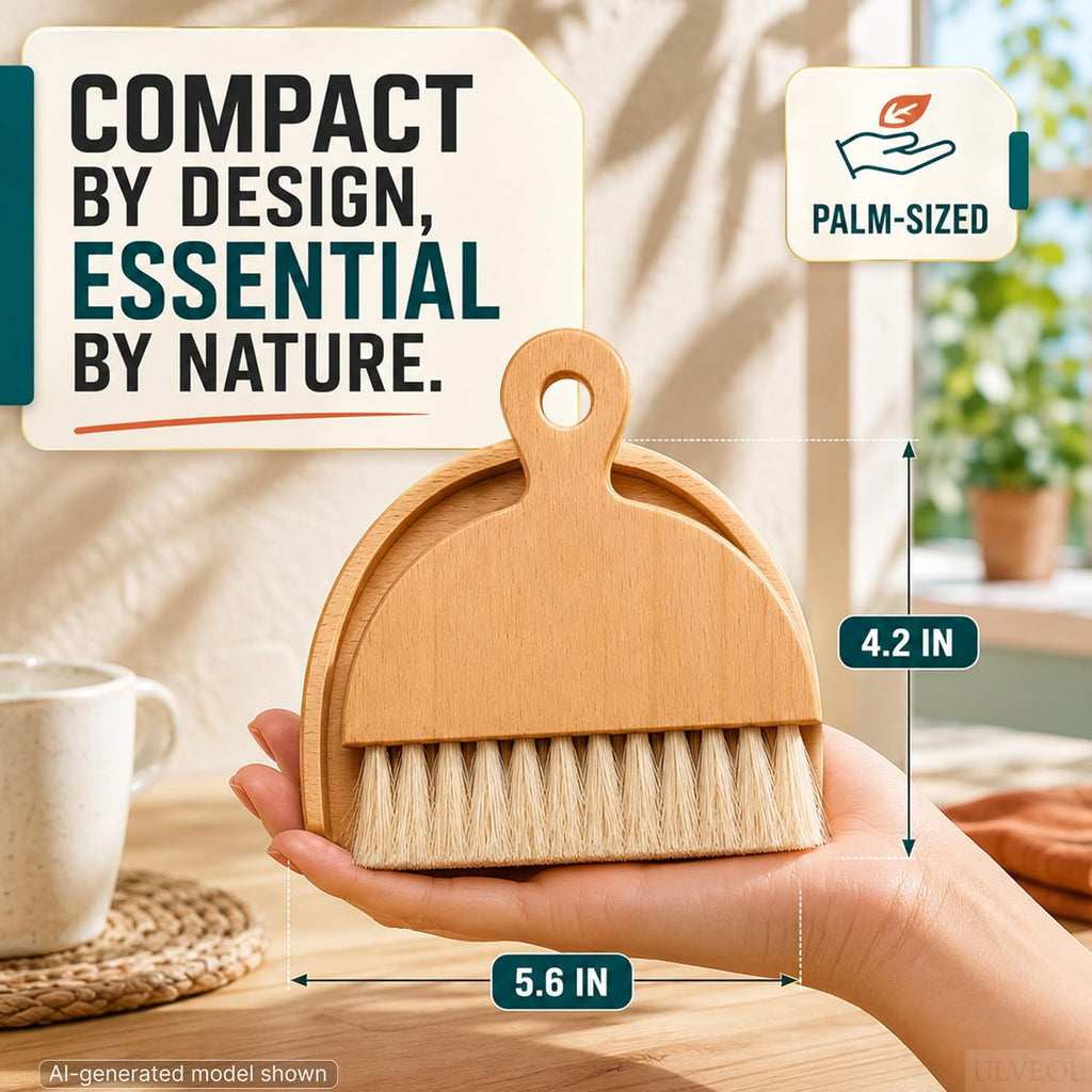 Desktop Table Dustpan and Brush Set for Home - Portable Cleaning Combo with Real Wood - Compact Brush for Sweeping