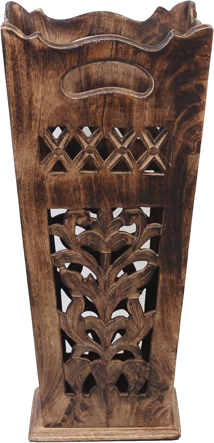 Antique Wooden Umbrella Stand & Walking Cane Holder for Home, Office & Entryway | Hand-Carved Solid Wood Umbrella & Cane Storage Rack | Size 21.5 x 8 x 8 in, Base 7.5 x 7.5 inches