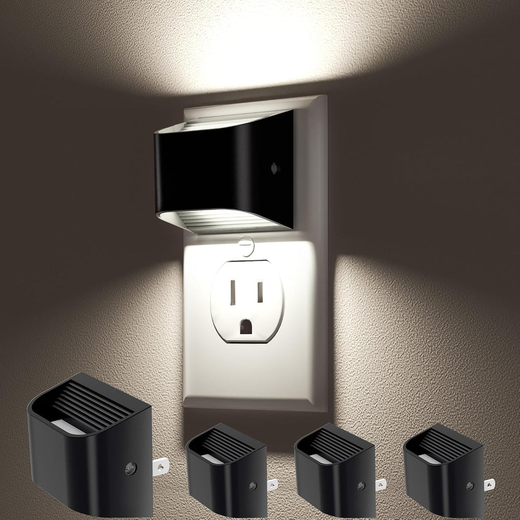 VOLISUN LED Night Light Cool White, 4 Pack Up and Down Night Lights Plug into Wall with Dusk to Dawn Light Sensor, 6000K Nightlight for Hallway, Bedroom, Bathroom, Kitchen Black
