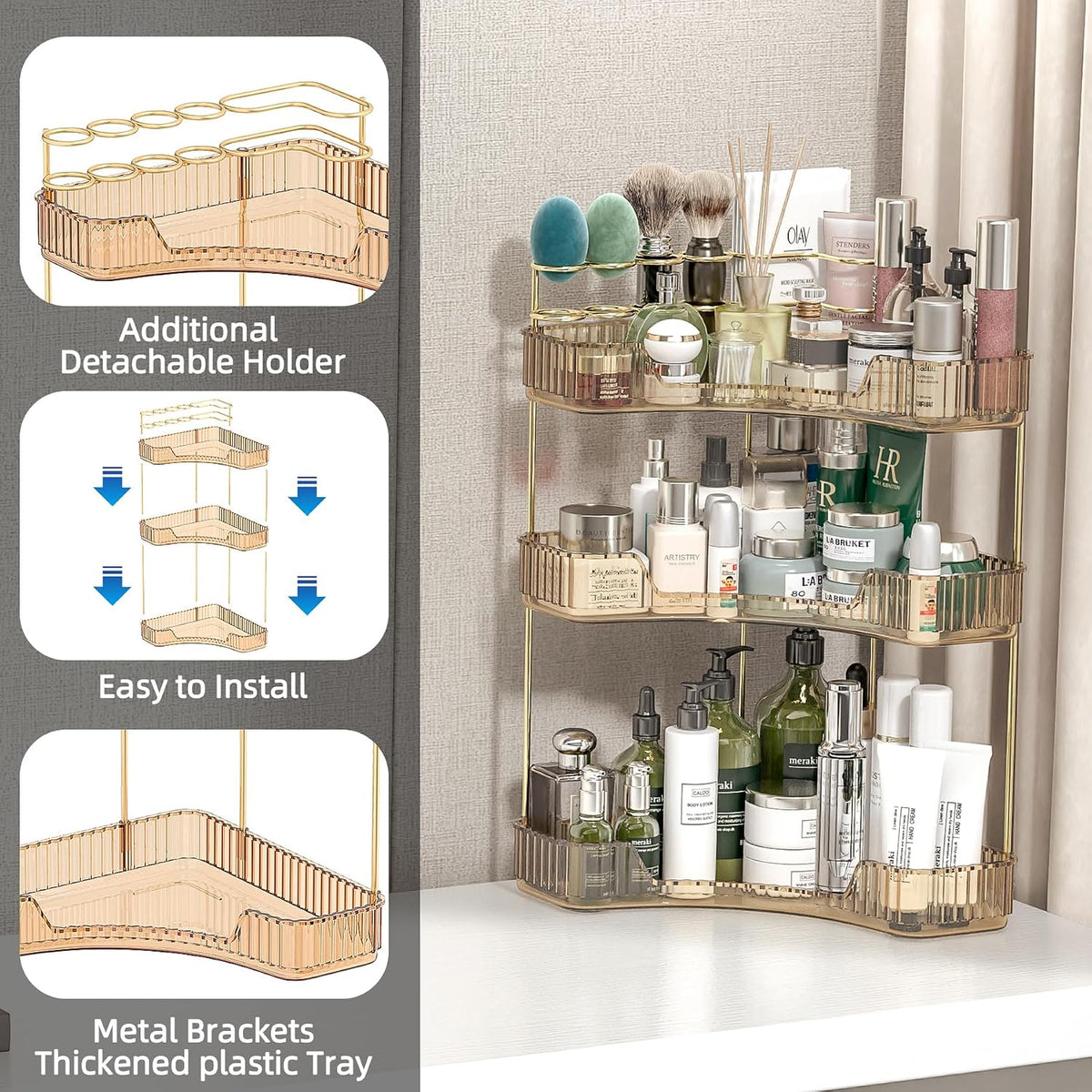 Corner Bathroom Counter Organizer with Top Toothbrush Holders, 3-Tier Make Up Organizers for Vanity with Brush Holder, Corner Storage for Bathroom, Kitchen, Dresser