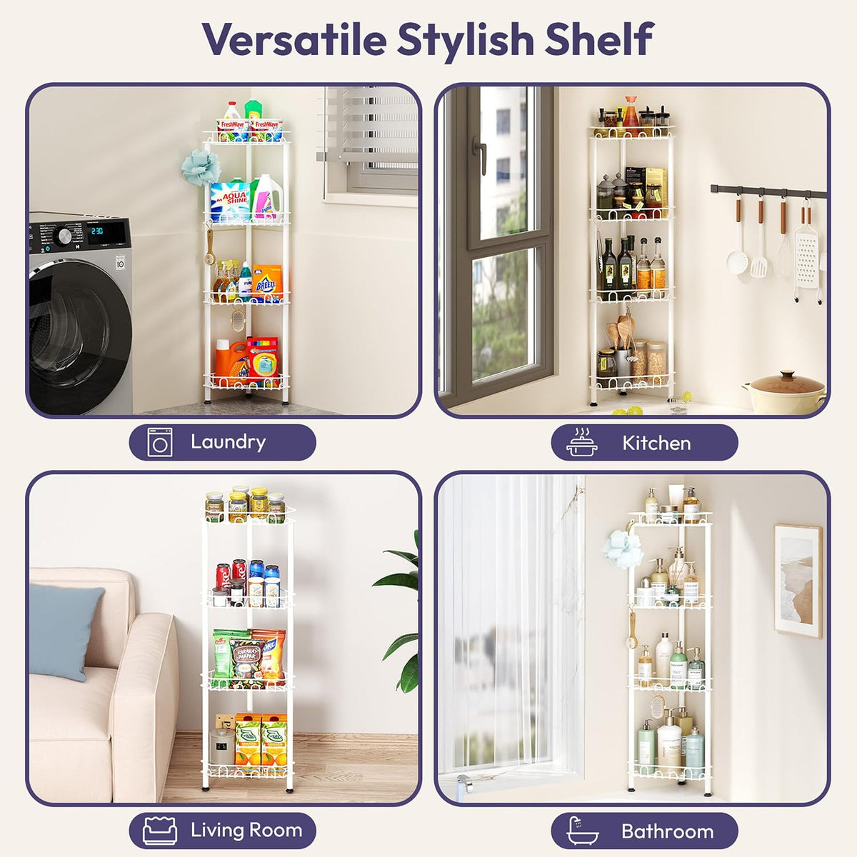 SWTYMIKI Standing Shower Caddy Corner - 4‑Tier Stainless Steel Shower Organizer Shelf with 16 Hooks and Adhesive Pads, Rustproof Corner Shelves Stand Rack for Bathroom Shower Room, white
