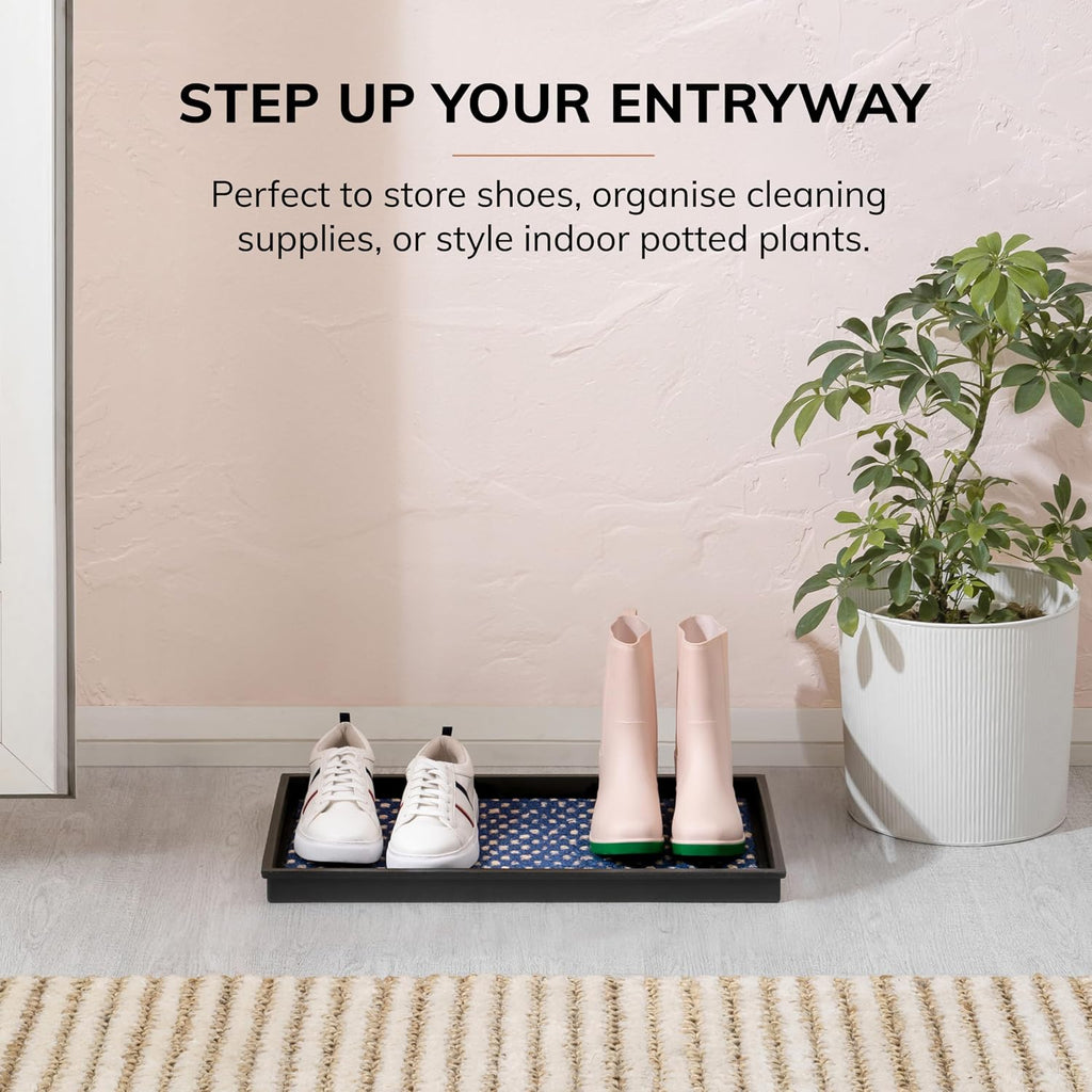 Anji Mountain Heavy Duty Waterproof Rubber Shoe Storage Mat Organizer/Boot Storage Multi Use for Entryway with Coir, Blue and Ivory Insert, Fits 2 Pair (24.5" Wide)