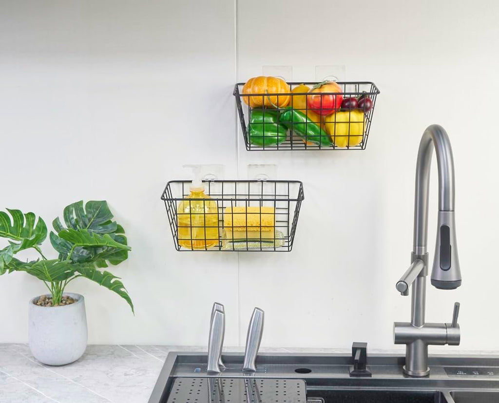 JUNCHU CHERRY 5 Pack Hanging Storage Basket, Bathroom Basket, Household Goods, with Traceless Tape, no Drilling, for Cabinet Storage, Kitchen, Bathroom, Storage Room,Black