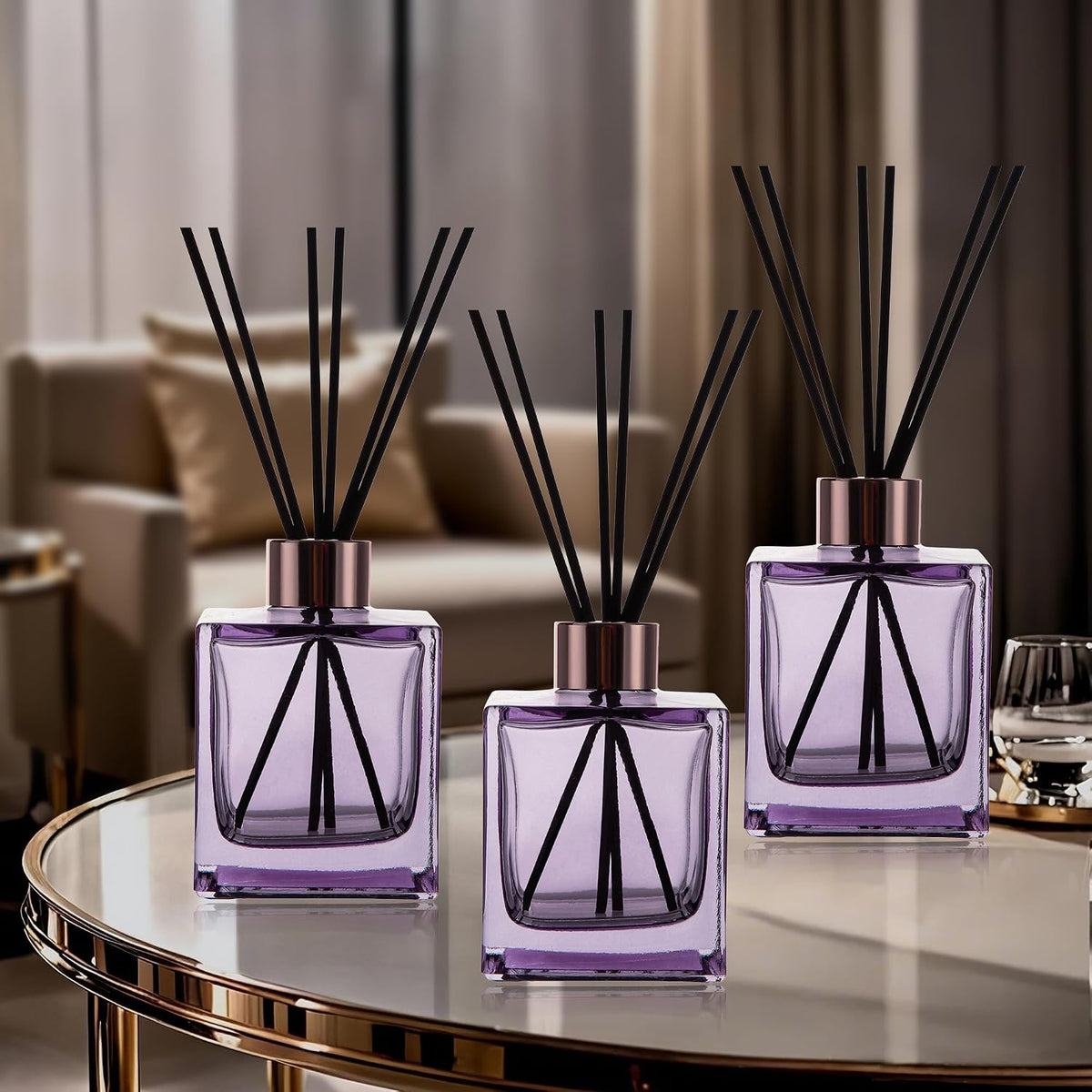 6 Pack Perfume Reed Diffuser Bottle,Empty Square Essential Oil Bottles Glass Jar with Black Sticks for DIY Fragrance Replacement Diffuser Sets (200ml/6.8 oz, Purple Color)