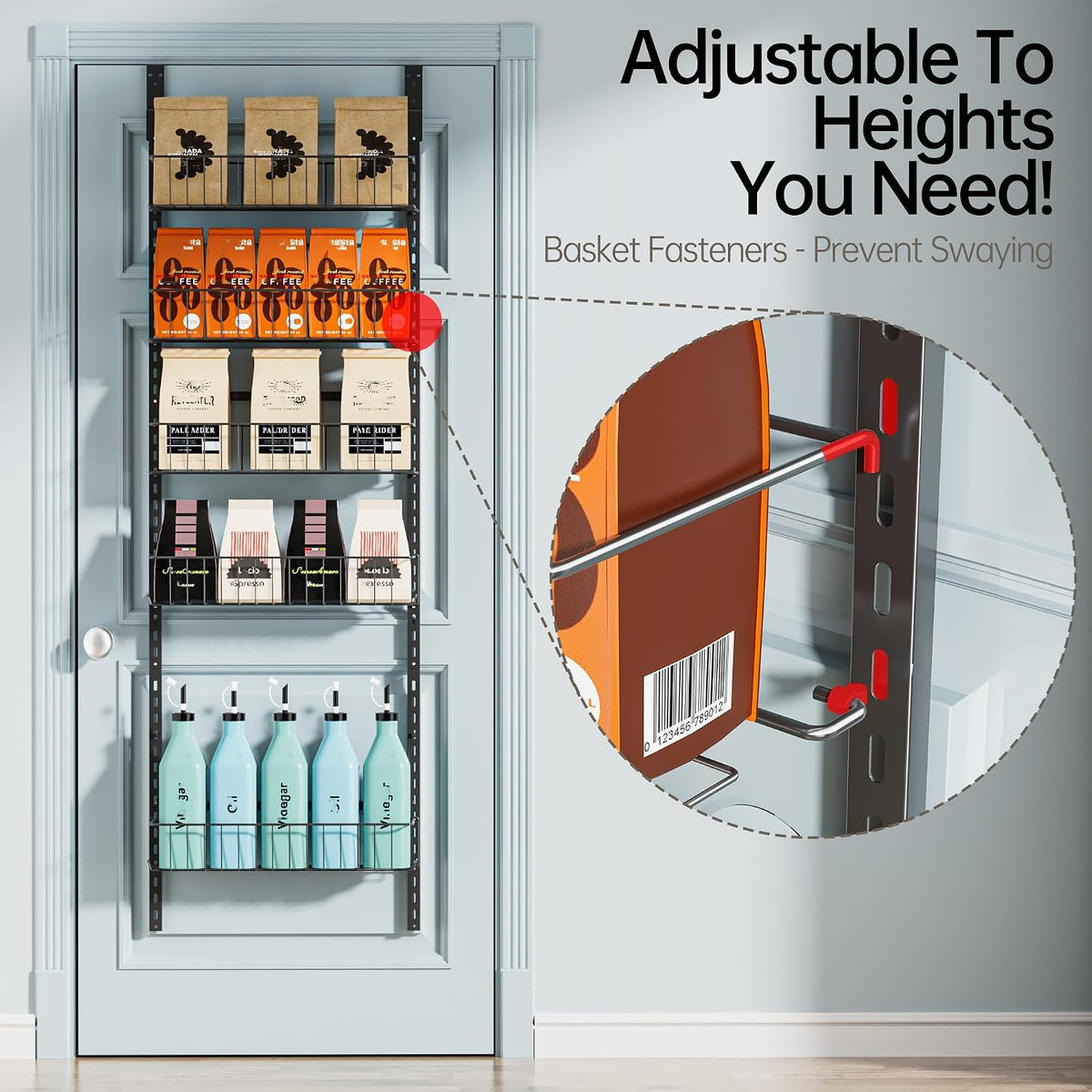 Delamu Adjustable Cabinet Door Organizer, 6 Tier Hanging Spice Rack