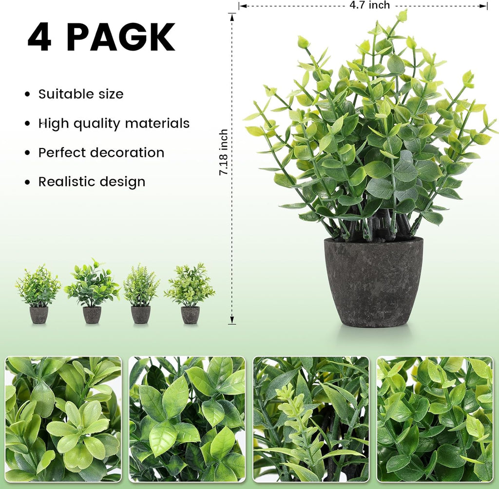 4 Pack Fake Plants Mini Artificial Greenery Potted Plants Bathroom Decor