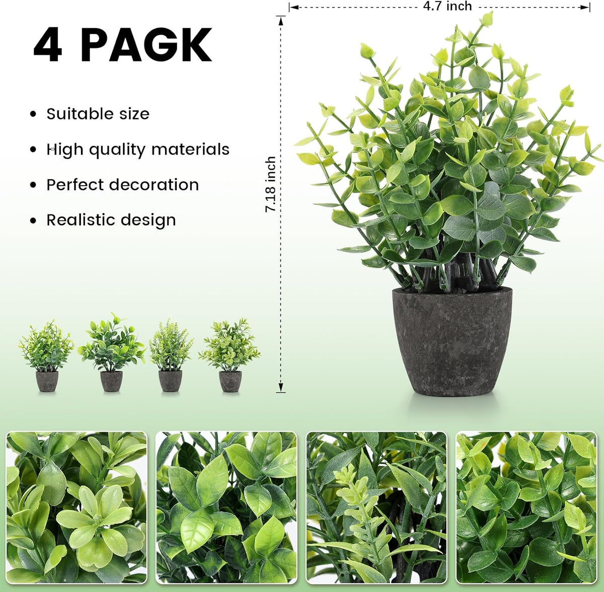 4 Pack Fake Plants Mini Artificial Greenery Potted Plants Bathroom Decor