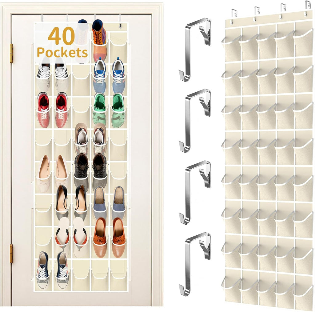Over the Door Shoe Organizer with 40 Large Pockets, Multi-Purpose Storage for Shoe and Accessories, Durable Fabric with Adjustable Hooks for Home Closet Bedroom Entryway -Beige