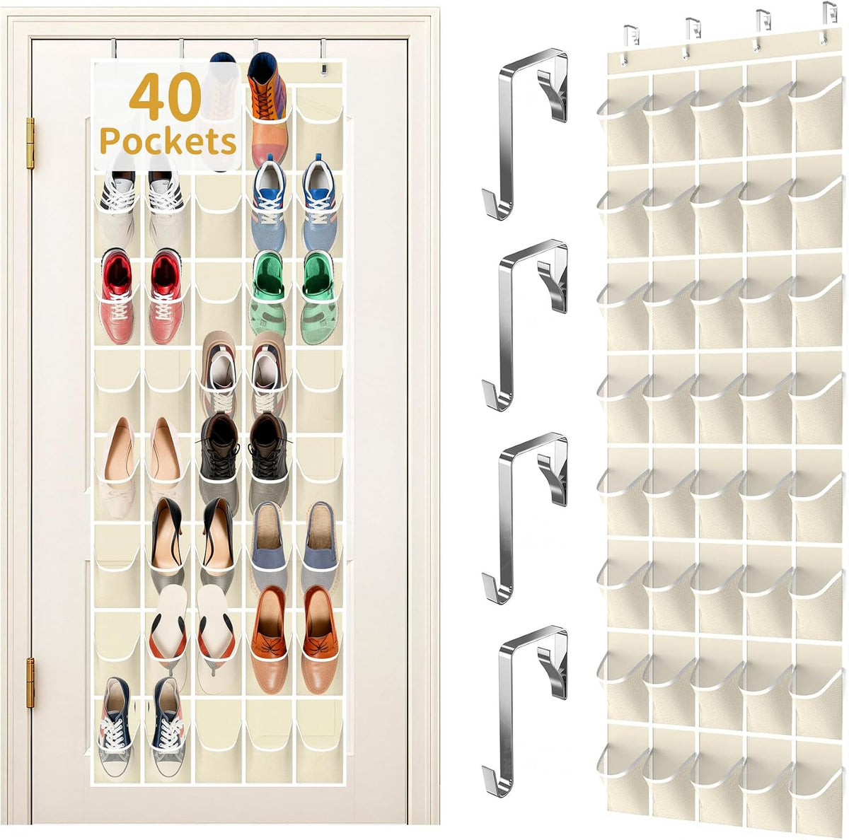 Over the Door Shoe Organizer with 40 Large Pockets, Multi-Purpose Storage for Shoe and Accessories, Durable Fabric with Adjustable Hooks for Home Closet Bedroom Entryway -Beige